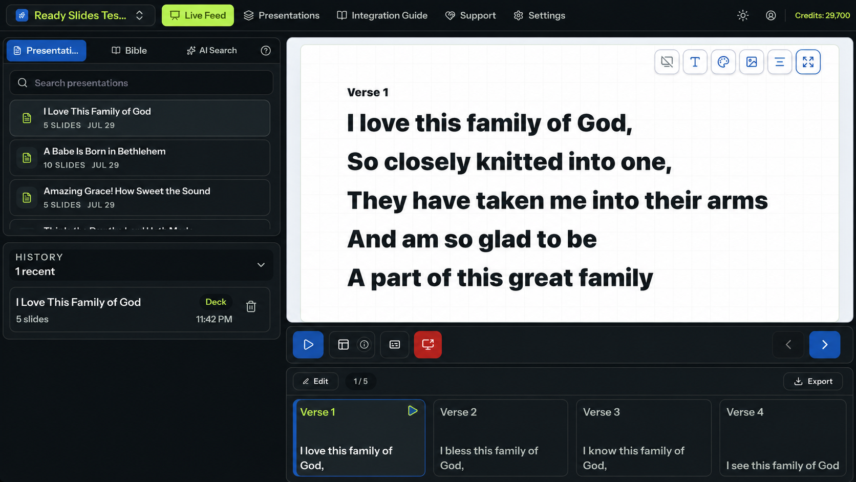 ReadySlides dashboard showing a hymn prepared for live presentation